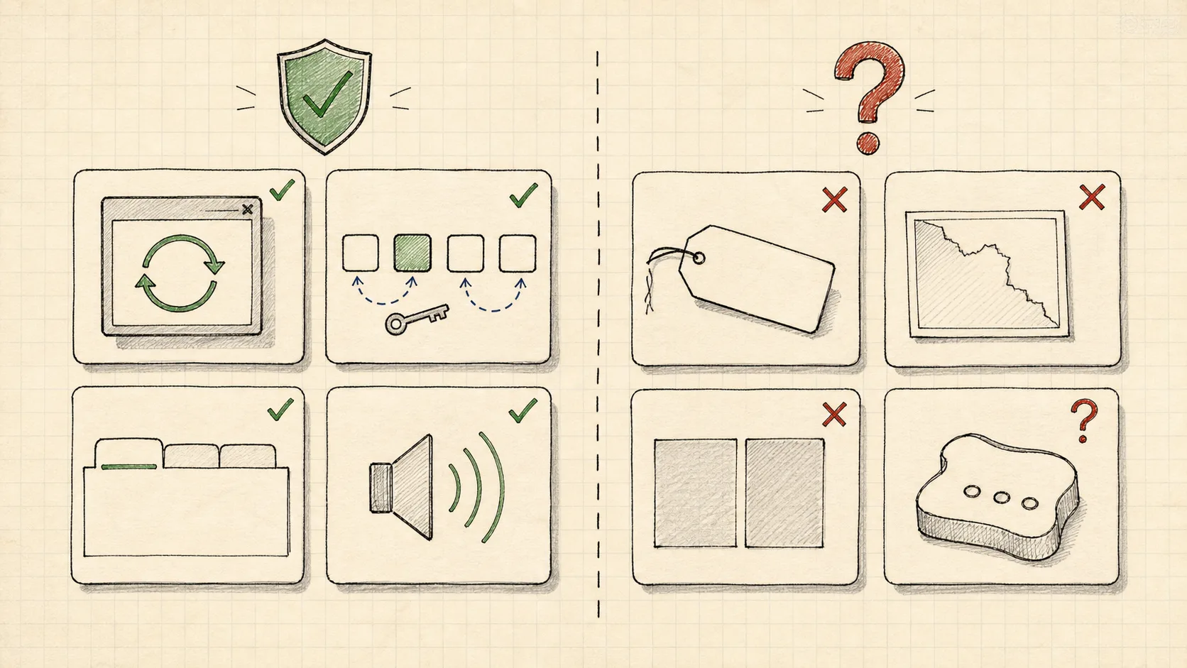 Two columns. Left, under a green shield, the accessibility a framework handles for you: focus traps, keyboard navigation, tabs, and announcements, all checked. Right, under a red question mark, the accessibility nobody owns: a loose label, a missing image description, low contrast swatches, and an unreviewed custom component, all flagged