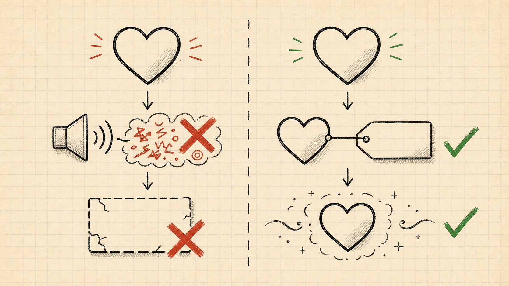 The same heart icon two ways. As an icon font it is read by a screen reader as scrambled garbage and breaks into a cracked box under a font override, both failures. As inline SVG it carries a clean attached label and stays intact under a font change, both passing