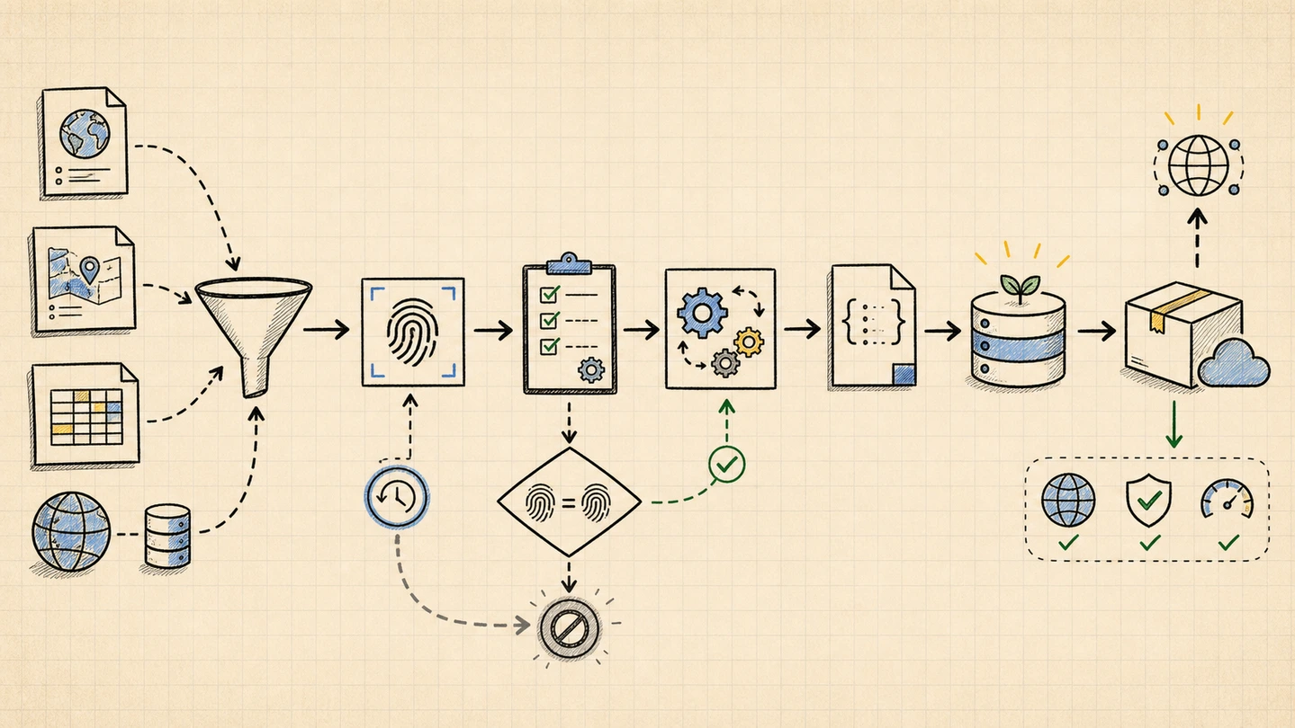 A notebook pipeline diagram showing source datasets flowing through hashing, validation, generation, database seeding, and deployment