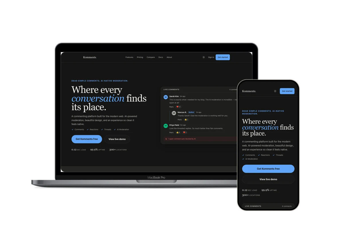 Komments public homepage shown inside laptop and phone frames